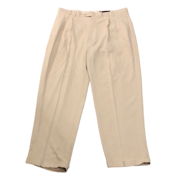 Nat Nast Mens Dress Pants Sz 40 Beige 100% Silk Rolled Cuff Trousers Pleated - Picture 1 of 7